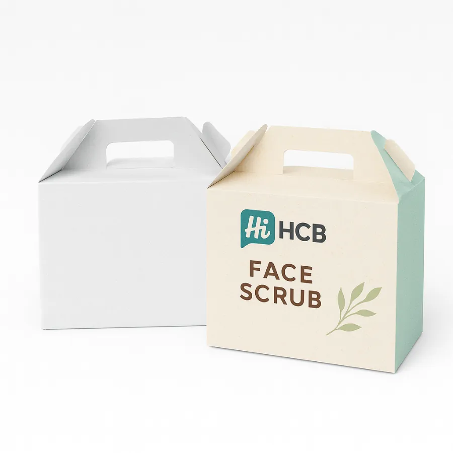 Two cardboard gable boxes with integrated handles- one plain white and one with mint accents- class=